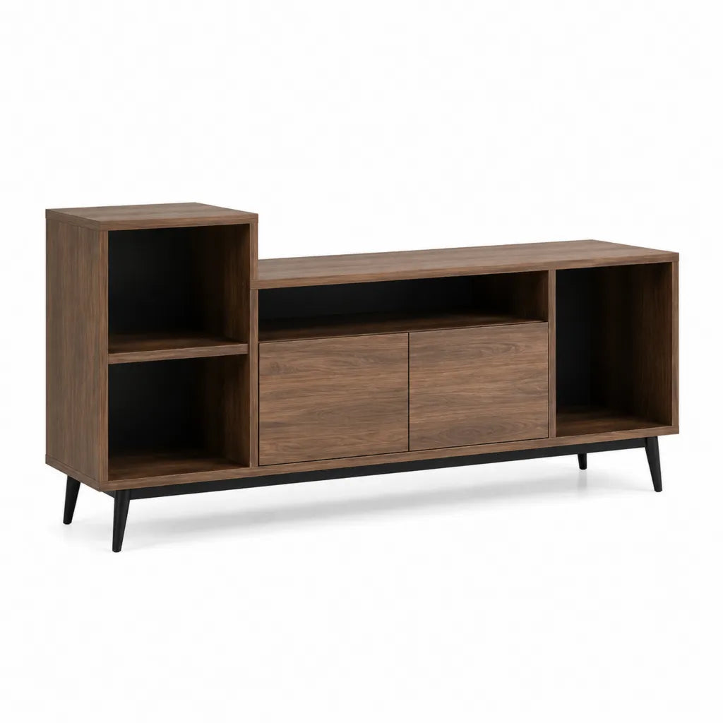 Mobile TV con ante e ripiani in pannello truciolare rettangolare noce e nero 140 x 40 x 75 cm