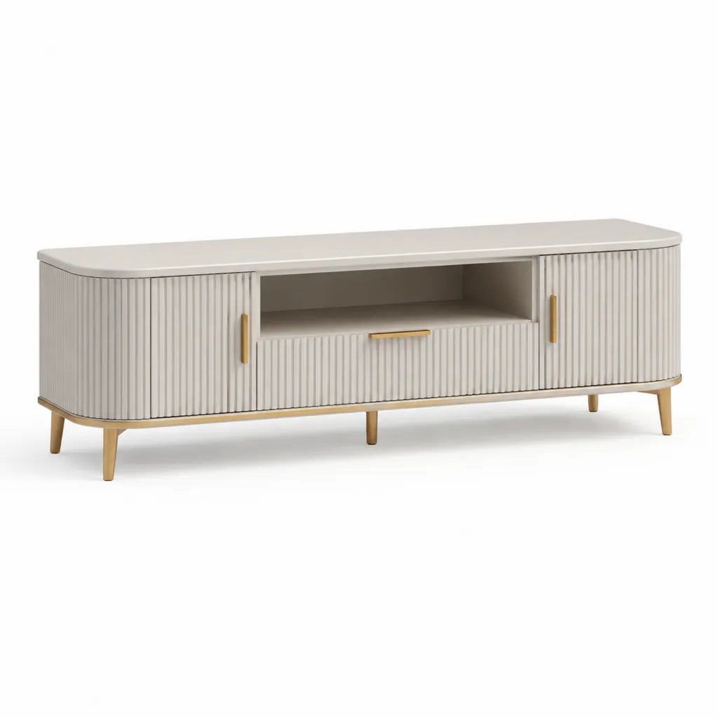 Mobile TV 180 x 40 x 60 cm in MDF rettangolare bianco avorio con ante scanalate e gambe dorate