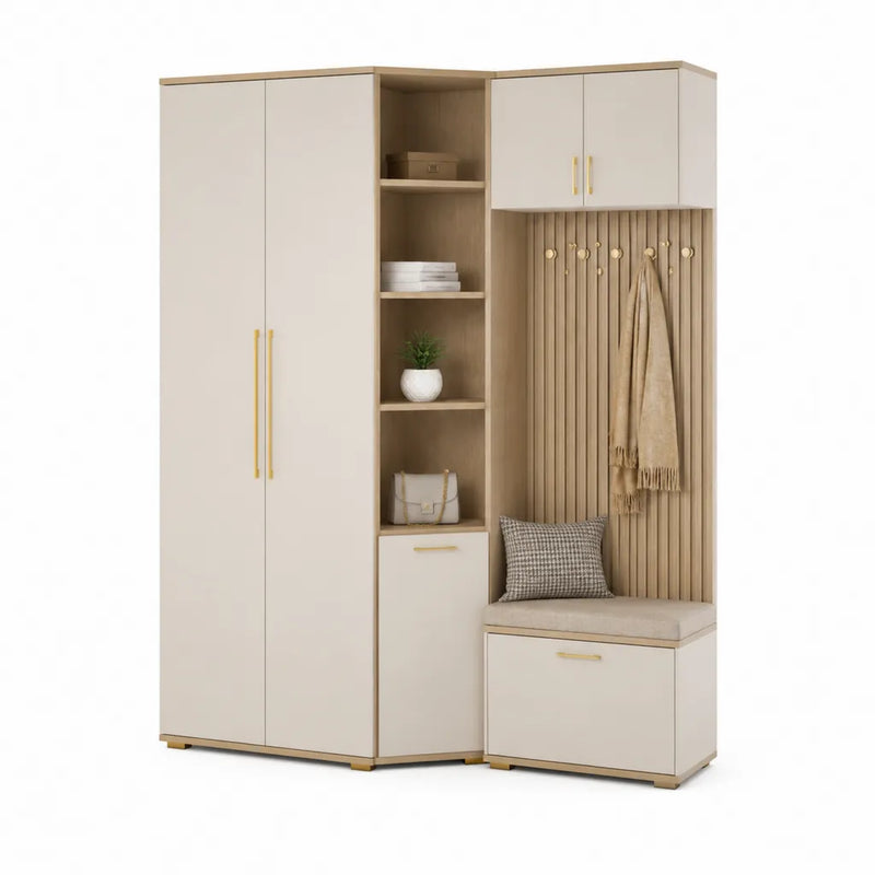 Armadio guardaroba con panca e appendiabiti 160 x 40 x 200 cm in truciolare nobilitato crema e rovere chiaro