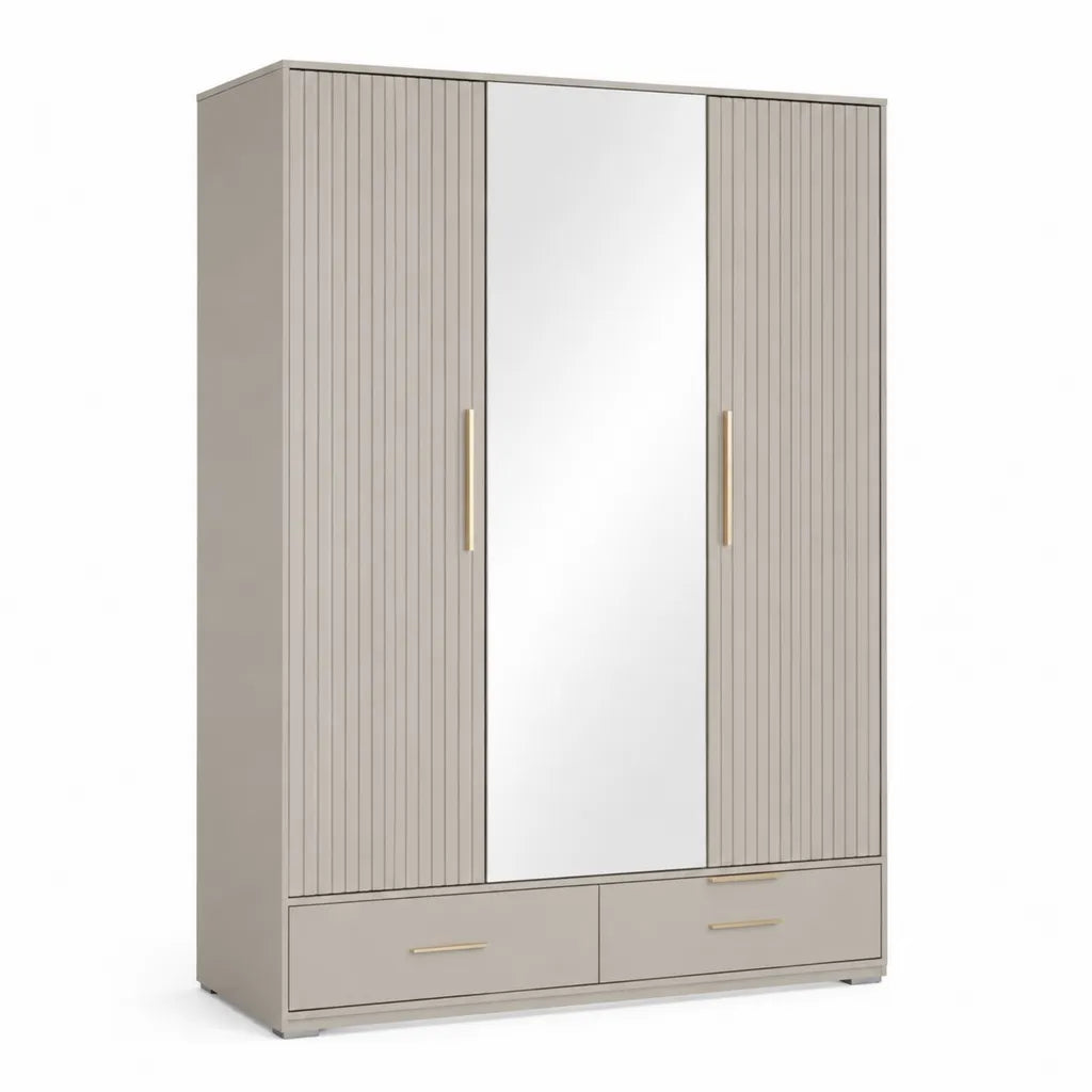 Armadio guardaroba 3 ante con specchio e 2 cassetti in truciolare melaminico tortora 150 x 55 x 200 cm