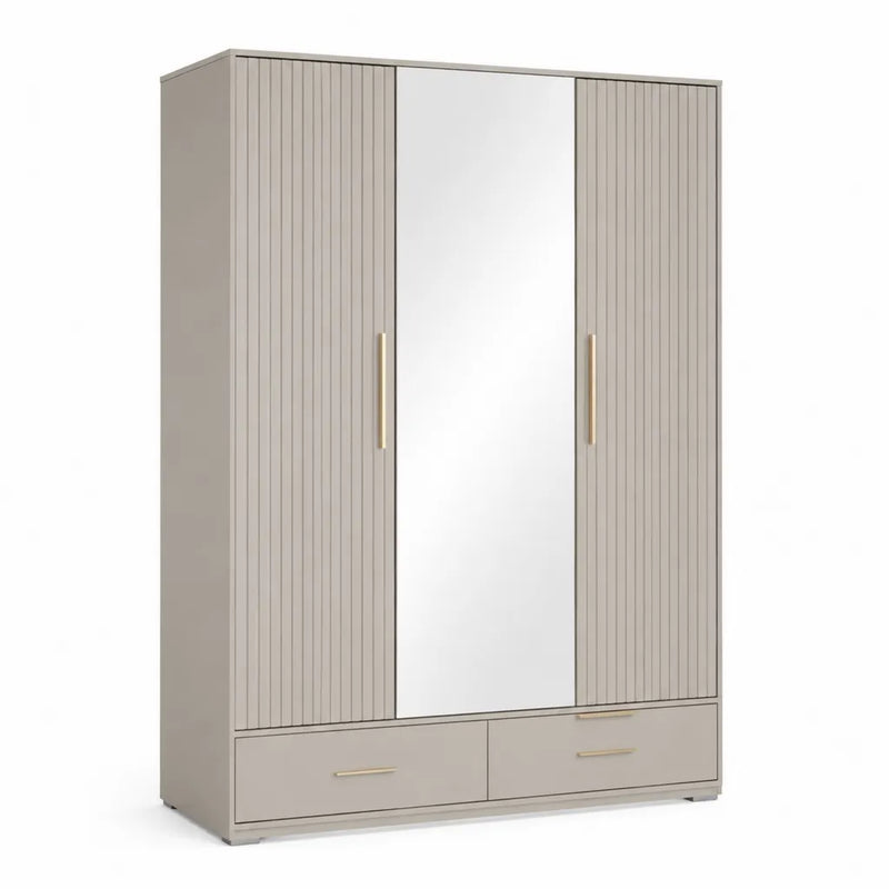 Armadio guardaroba 3 ante con specchio e 2 cassetti in truciolare melaminico tortora 150 x 55 x 200 cm