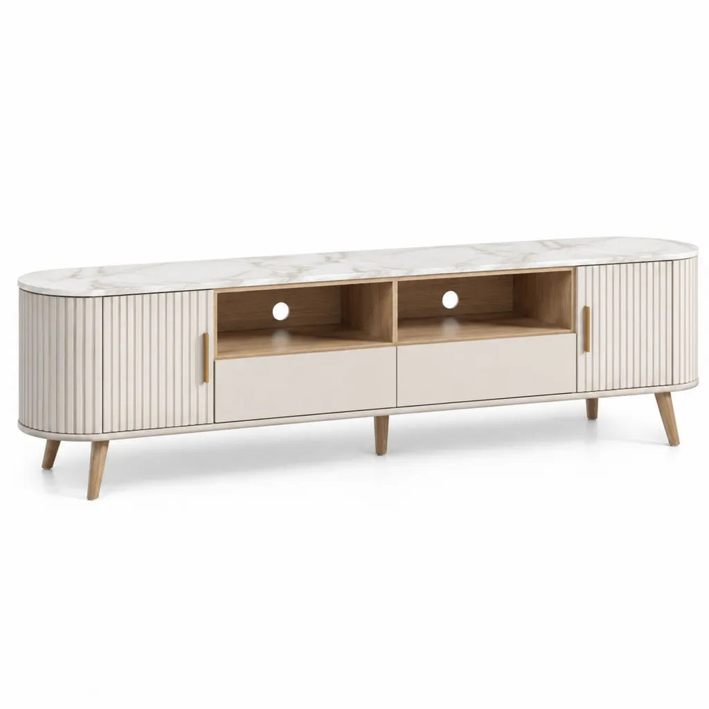 Mobile TV basso rettangolare in MDF bianco e rovere con piano effetto marmo 180 x 40 x 55 cm