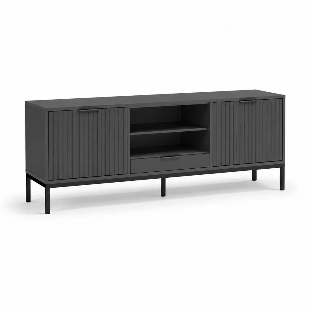 Mobile TV basso rettangolare 180 x 40 x 65 cm in MDF nero con ante scanalate e cassetto