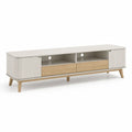 Mobile TV basso rettangolare in MDF bianco e rovere 180 x 40 x 55 cm con 2 cassetti e 2 ante
