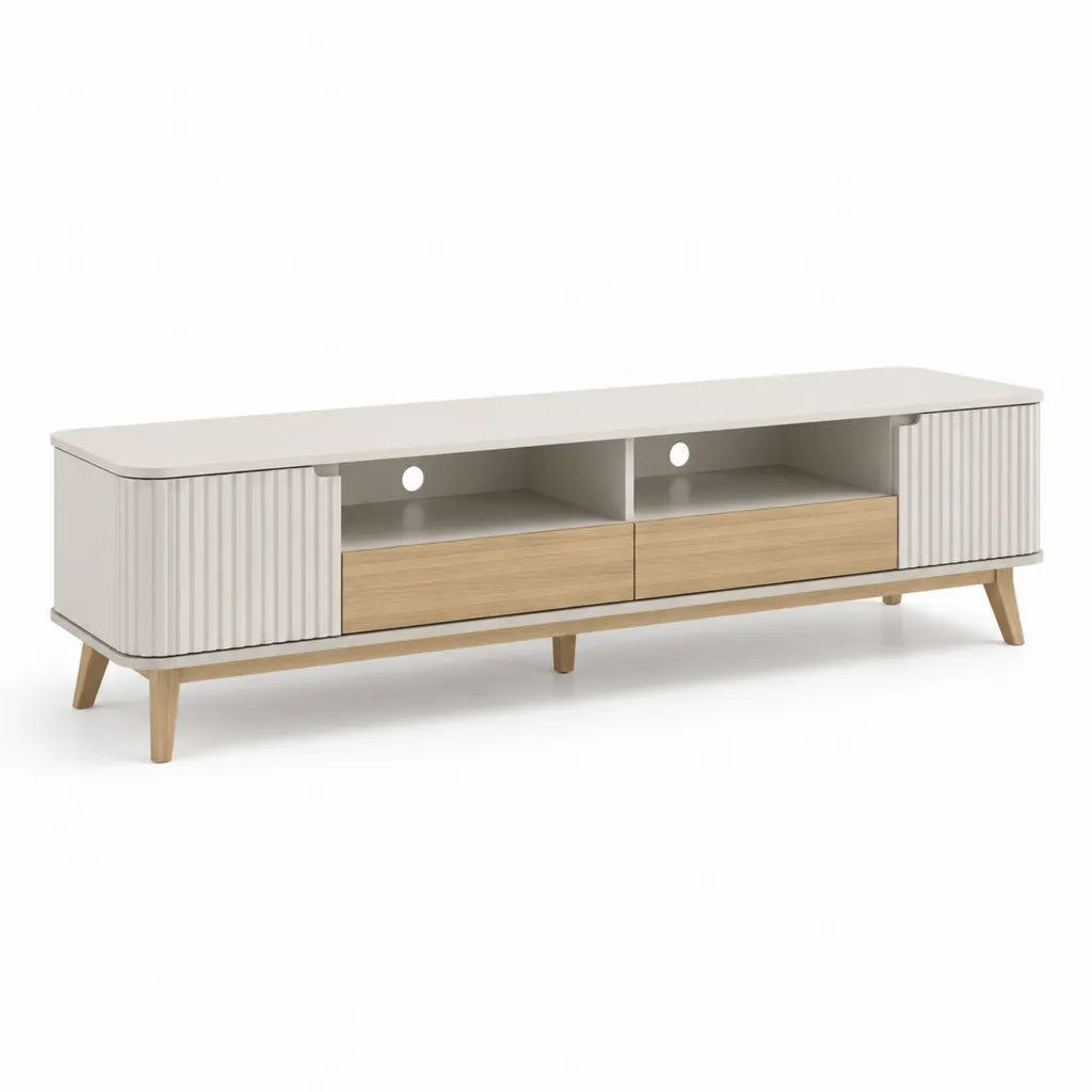 Mobile TV basso rettangolare in MDF bianco e rovere 180 x 40 x 55 cm con 2 cassetti e 2 ante