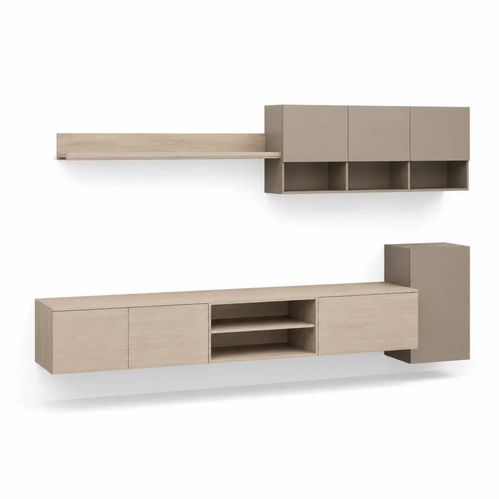 Parete attrezzata TV sospesa in pannello truciolare melaminico rovere chiaro e tortora 300 x 40 x 190 cm