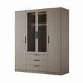 Armadio guardaroba 4 ante con 3 cassetti e vetro fume 180 x 52 x 210 cm in pannello truciolare taupe
