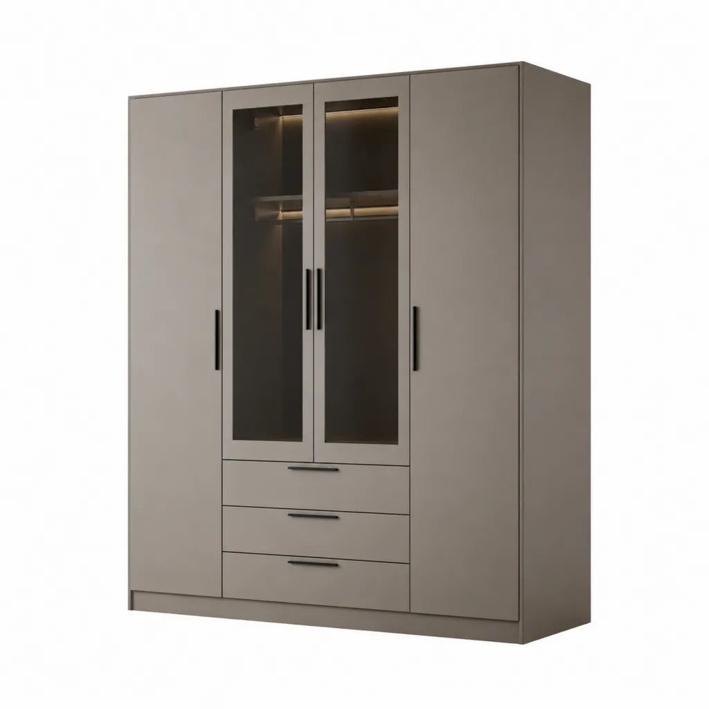 Armadio guardaroba 4 ante con 3 cassetti e vetro fume 180 x 52 x 210 cm in pannello truciolare taupe