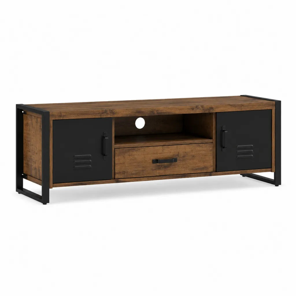 Mobile TV industriale 140 x 40 x 50 cm in pannello truciolare melaminico e acciaio rettangolare marrone nero