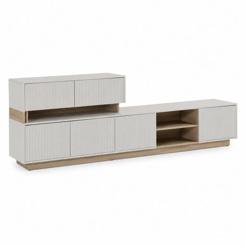 Mobile TV modulare rettangolare in pannelli di particelle bianco e rovere chiaro 220 x 40 x 95 cm