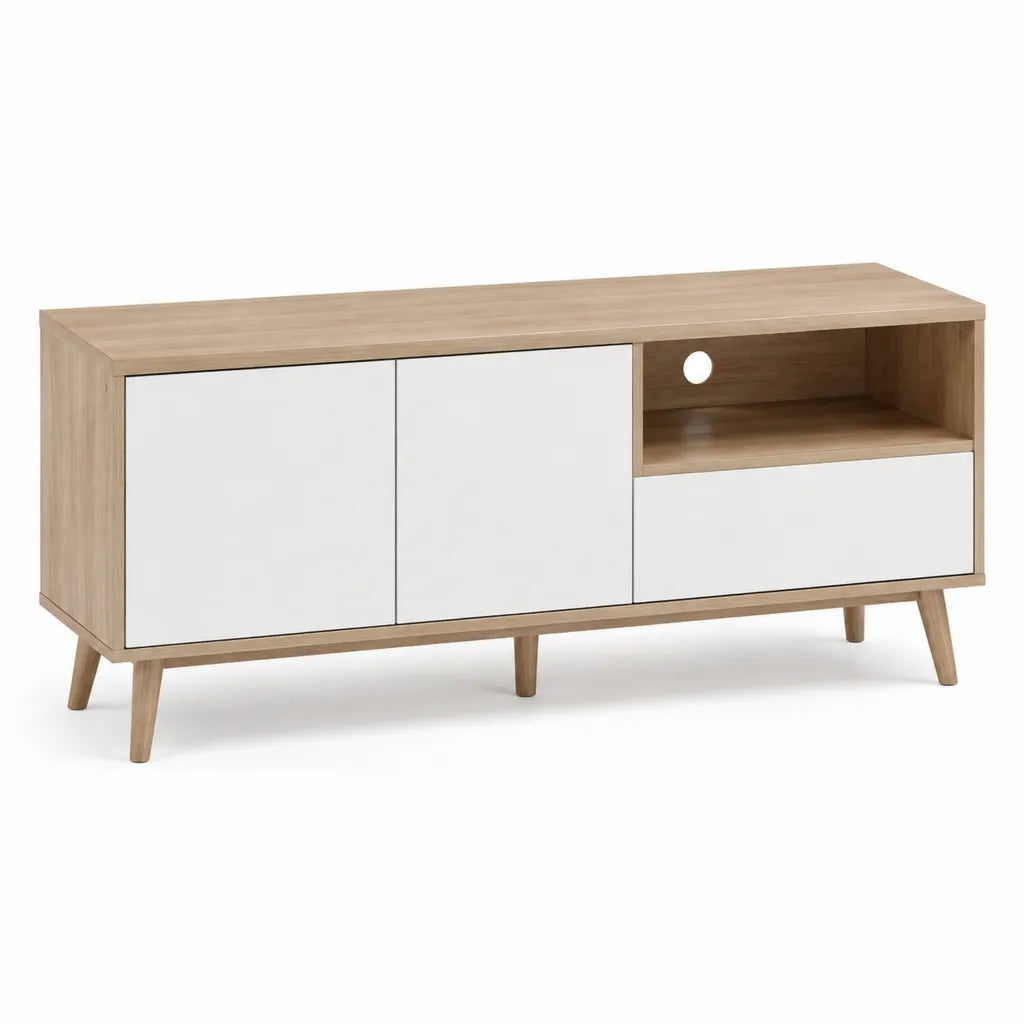 Mobile TV rettangolare 140 x 40 x 60 cm in pannello truciolare laminato rovere chiaro e bianco