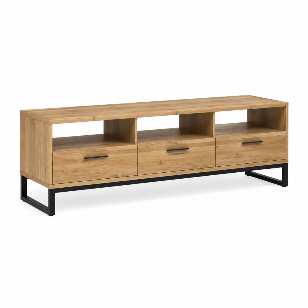 Mobile TV rettangolare con 3 cassetti in pannello truciolare finitura rovere naturale 180 x 40 x 55 cm