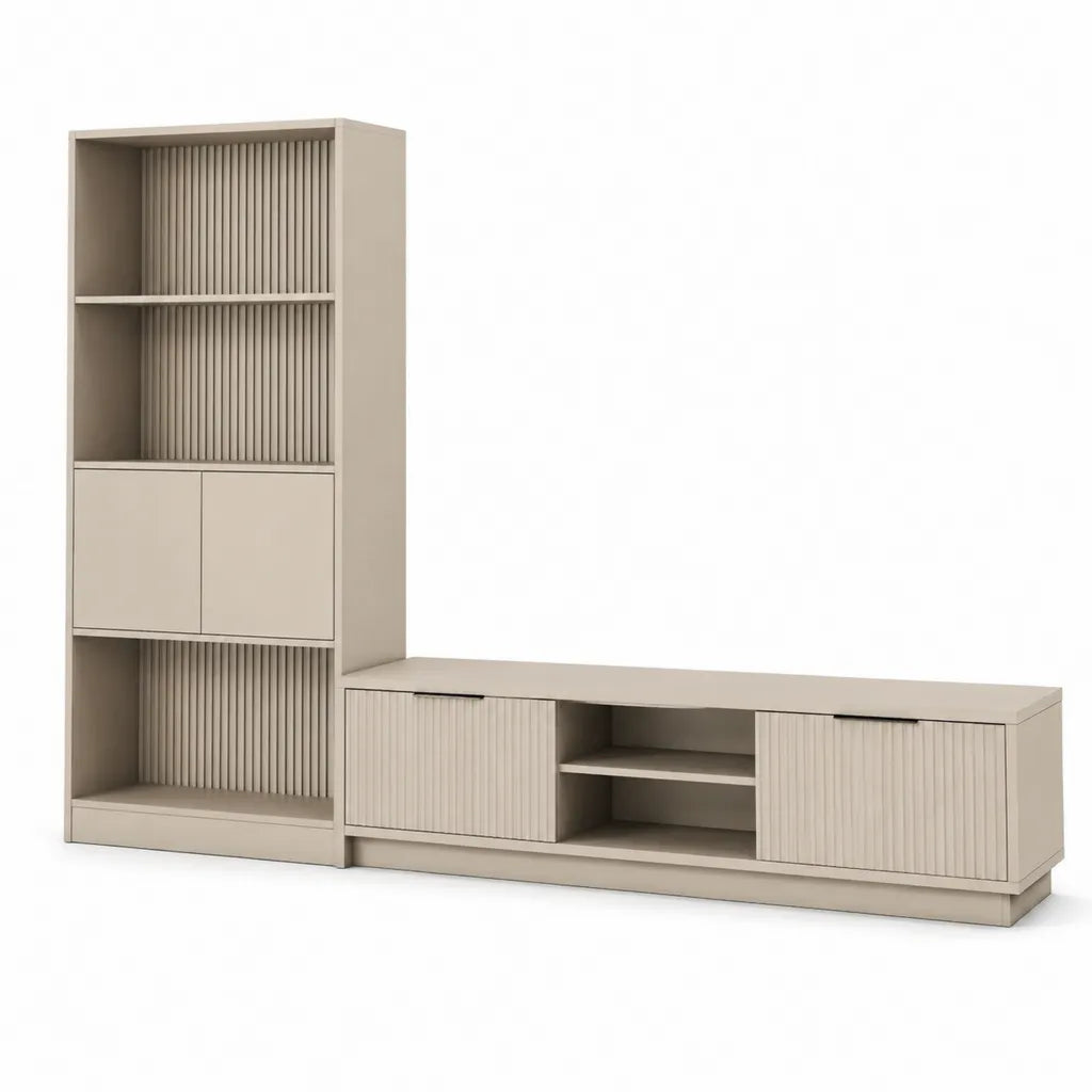Parete attrezzata TV 2 pezzi in MDF beige con mobile basso 160 x 40 x 50 cm e colonna 60 x 40 x 180 cm